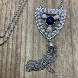 Lucky Brand Blue & Faux Pearl Shield Silver Tone Tassel Necklace